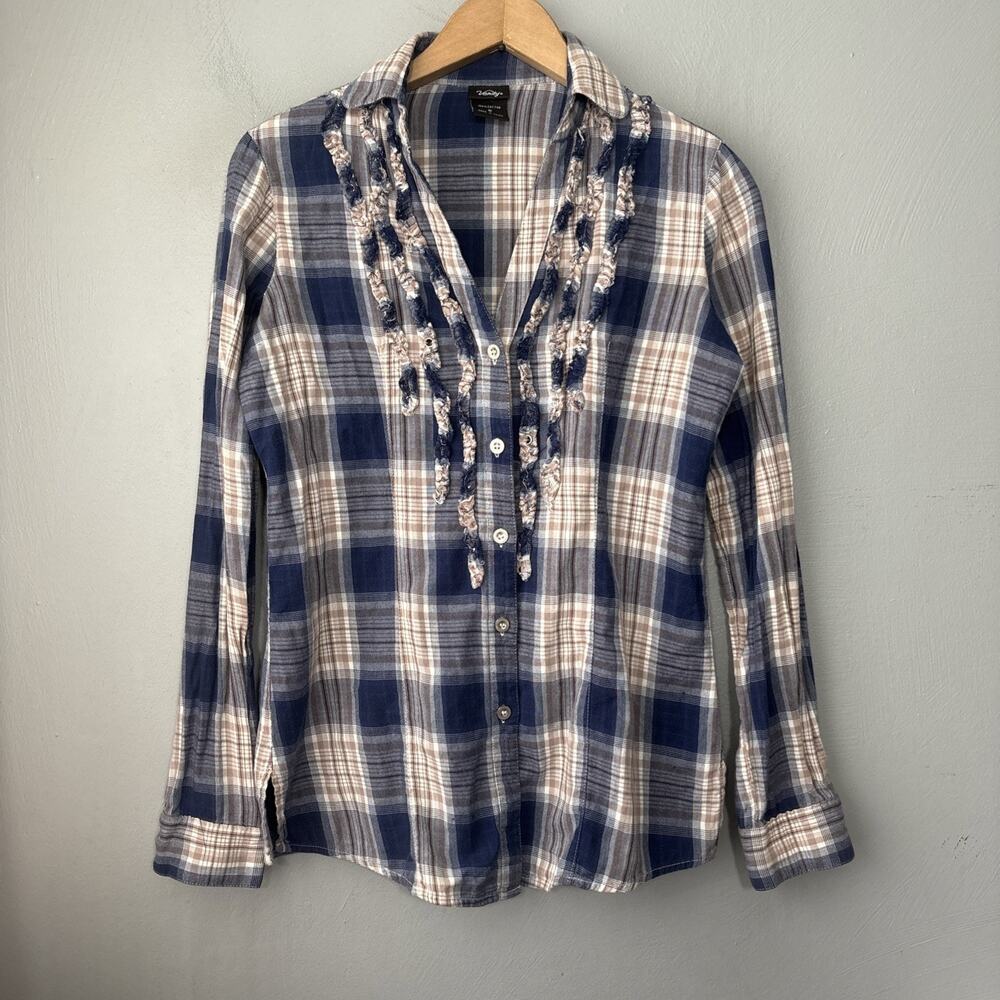 Vanity Ruffled Flannel Shirt Small Blue Plaid Grunge Y2K 2000s Boho Shabby Chic